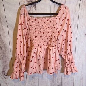 Pink Smocked Square Neck Strawberry Print Long Sleeve Balloon Sleeve Top Medium